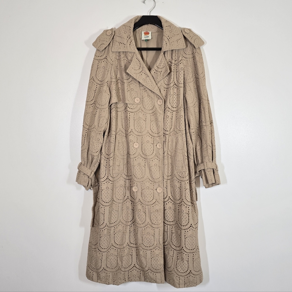 Anthropologie Farm Rio Pineapple Cotton Eyelet Trench Coat Medium Khaki Tan - Picture 6 of 12